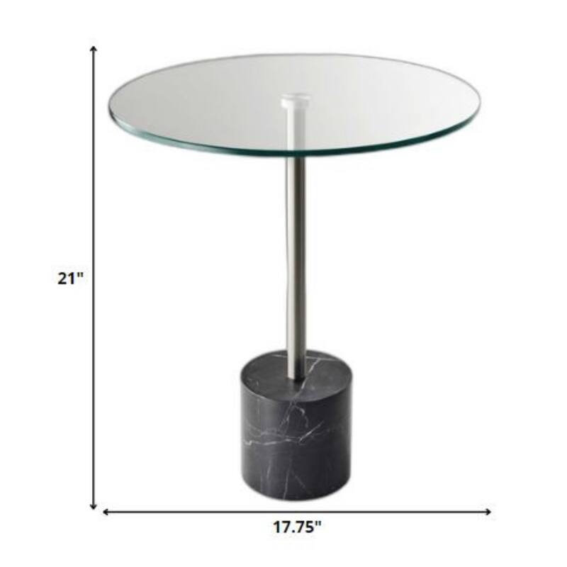 Silver and Clear Round Glass End Table with Faux Marble Base - 17.75” x 17.75” x 21”