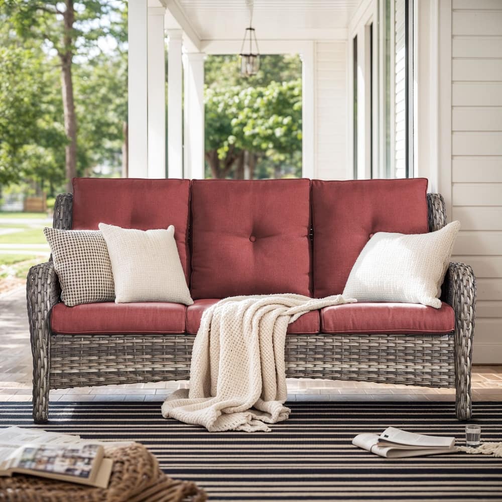 Gymojoy 3-Seat Outdoor Sofa, Durable All-Weather PE Wicker with Olefin Cushions
