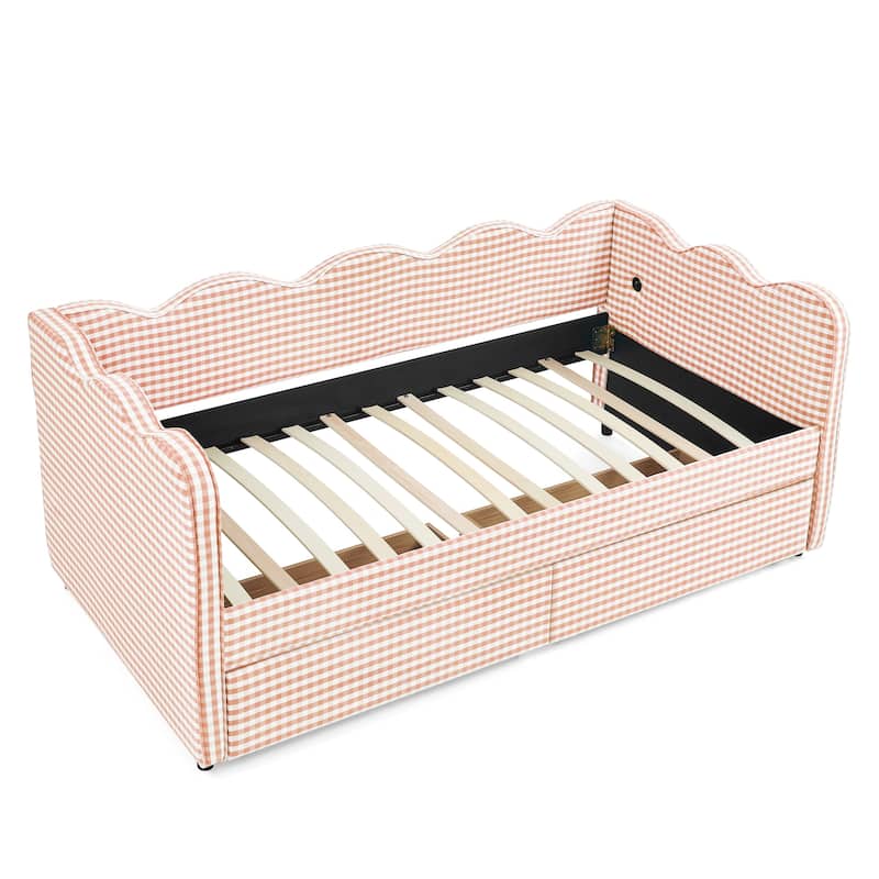 Twin Size Gingham Linen Upholstered Daybed with 2 Storage Drawers, USB Charging Station & Waved Arms