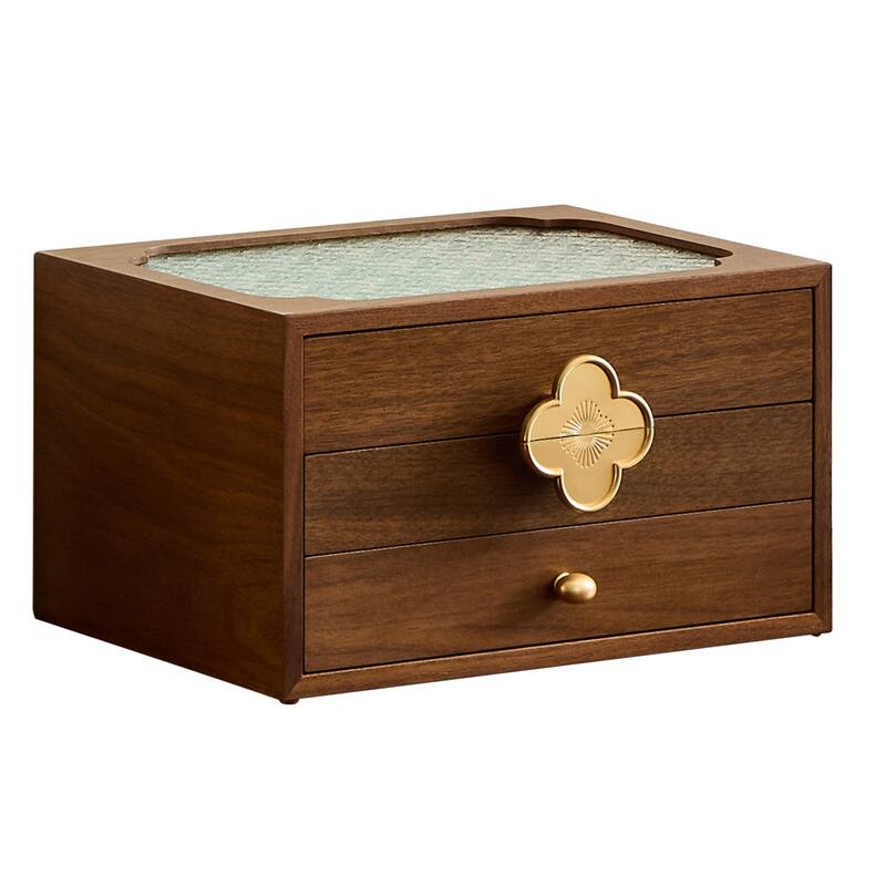 Handcrafted Black Walnut Wooden Jewelry Organizer – Glass Lid, 3 Drawers & Pull-Out Necklace Storage – Stylish Storage for Women - 10 in