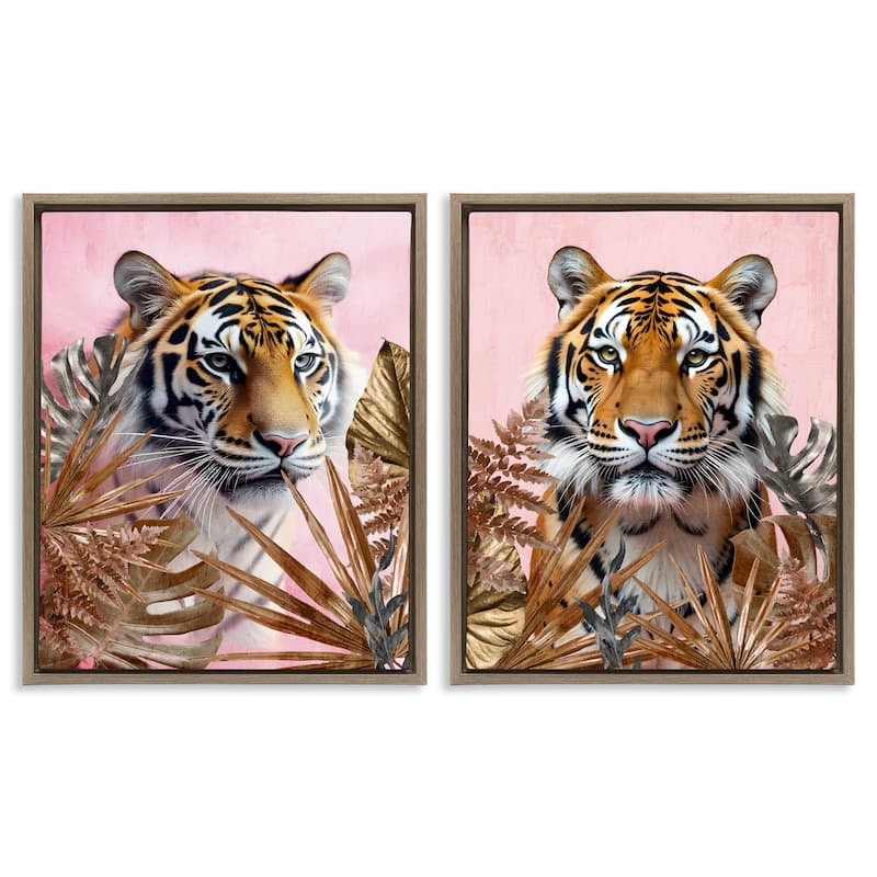 Stupell Fierce Tigers & Gold Leaves Framed Floater Canvas Wall Art Design By Kim Allen (Set of 2) - 25 x 31 - Brown