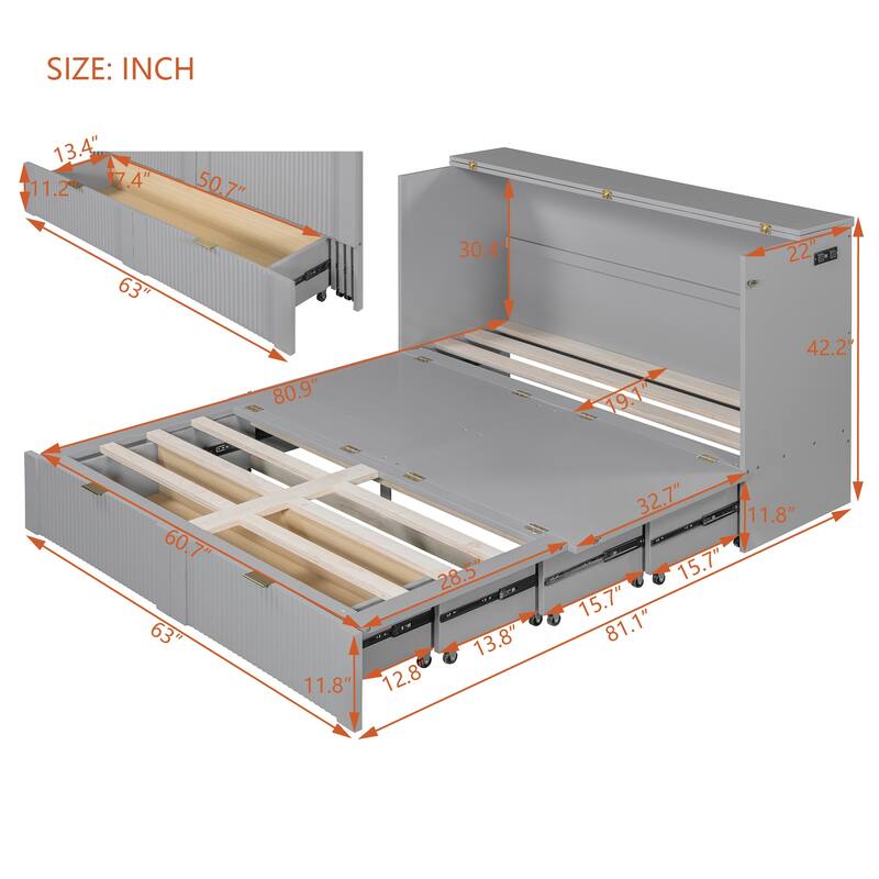 Queen Size Wall Bed with Drawer, USB Ports & Smooth Pulley Mechanism, Space-Saving Gray Cabinet Bed