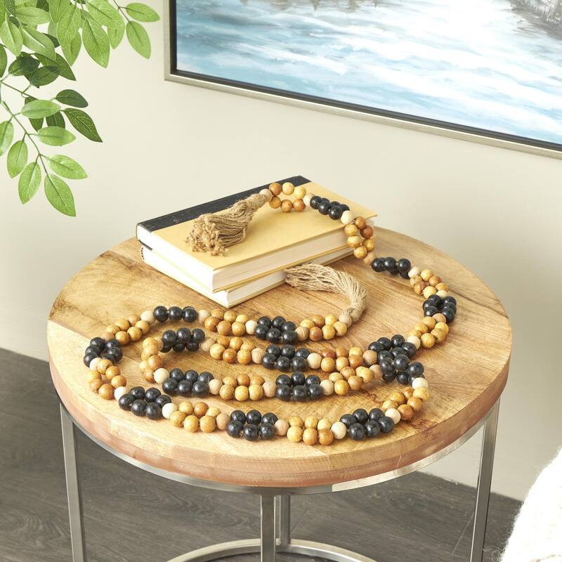 Brown Mango Wood Handmade Round Double Layered Long Carved Beaded Garland with Tassel with Black and Cream Accents - Brown