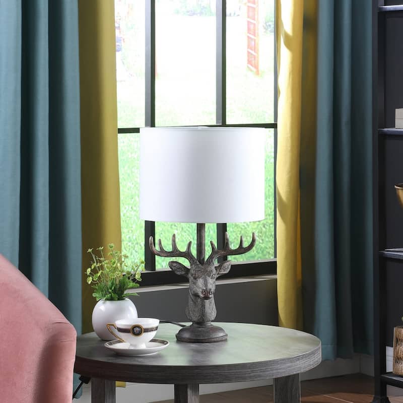 18" Antiqued Bronze Stag Rustic Antler Table Lamp with White Drum Shade for Bedroom or Office - 18"H x 11"W x 11"D