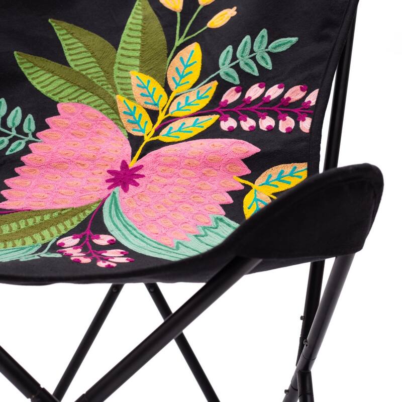 HomeRoots 26" Black With Tropical Flowers Butterfly Chair - 26' X '35' X '25.2