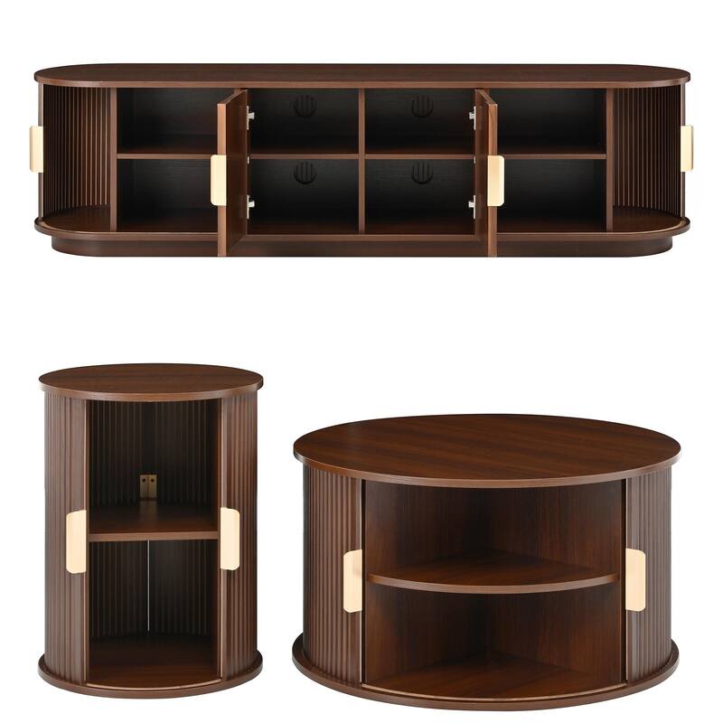 Fluted Sliding Door TV Stand & Coffee Table Set, Wooden Media Cabinet TV Console for TVs up to 75", 3-Piece Living Room Set