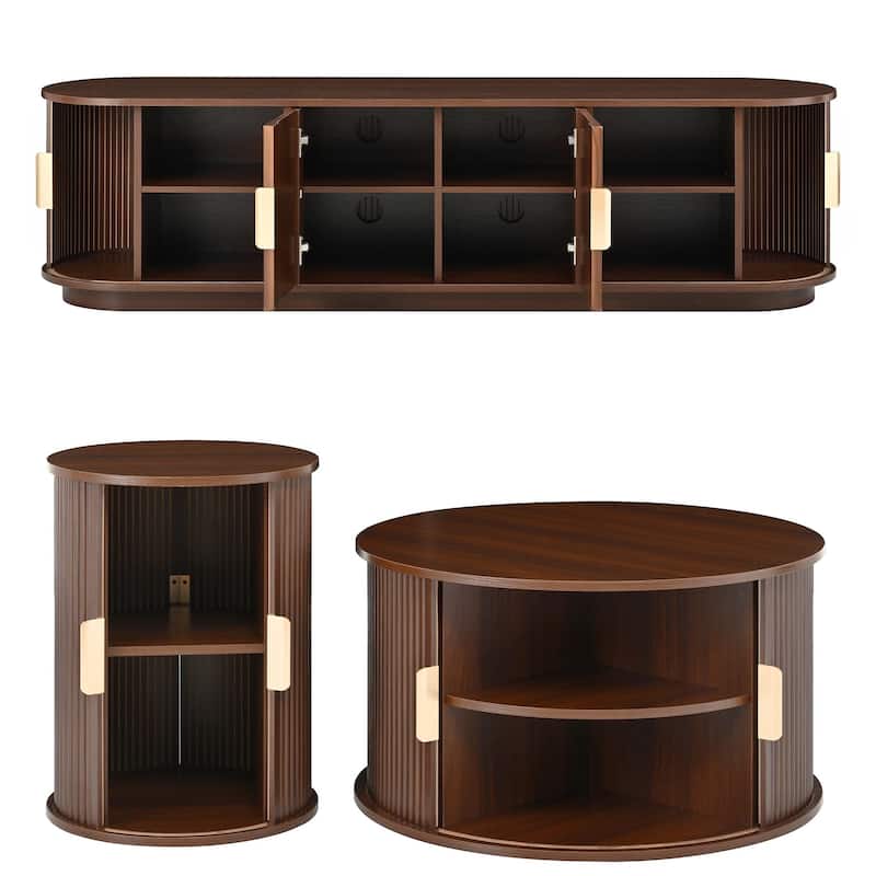 Roomfitters Wooden TV Stand & Coffee Table Set with Fluted Sliding Doors, Golden Handles & Cable Hole for TVs up to 75"