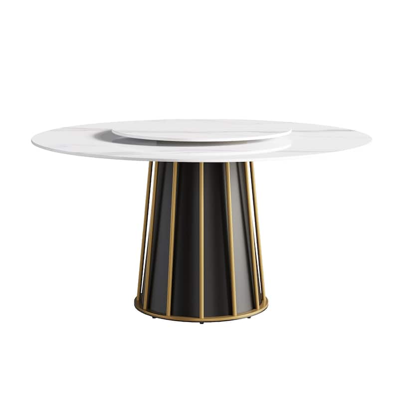 59'' White Round Dining Table with Lazy Susan, Sintered Stone Tabletop - N/A