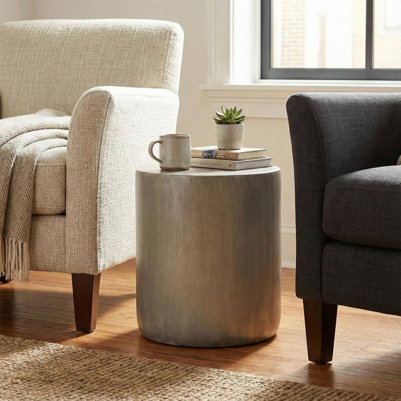 Vintara Modern Cylindrical Round Fiberstone Side Table with Brushed Finish for Living Rooms, Bedrooms, Patios, Balconies