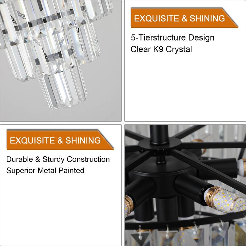 Luxury Crystal Chandelier, Living Room Flush Mount Ceiling Light, Five-Tier Pendant Ceiling Lighting Fixture for Bedroom, Black
