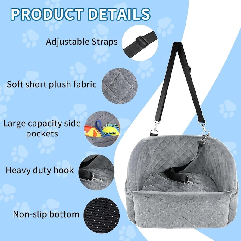 Comfy Dog Bed, Dog Booster Car Seat with Safety Belt and Storage Pockets