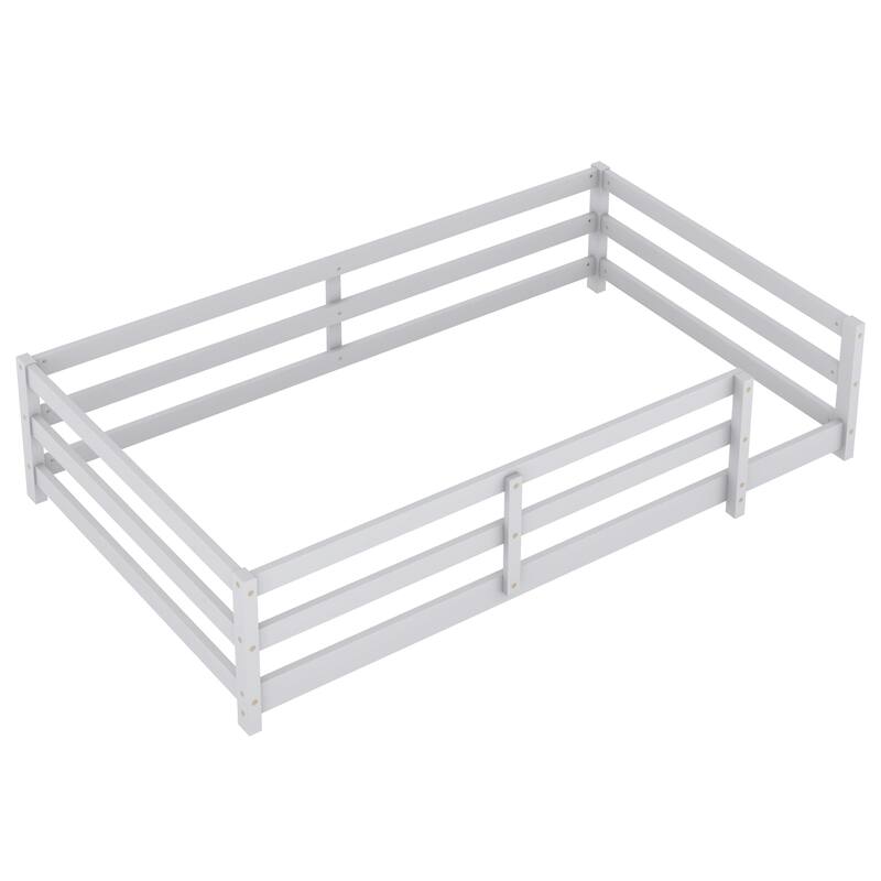 Full Size Montessori Floor Bed with Safety Fence, Solid Pine Wood Frame, Kids Low-Profile Bed for Boys and Girls, Easy Assembly