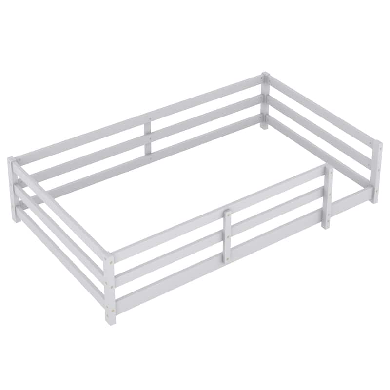 Twin Size Pine Wood Fenced Floor Panel Bed for Kids with No Box Spring Needed and Easy Assembly
