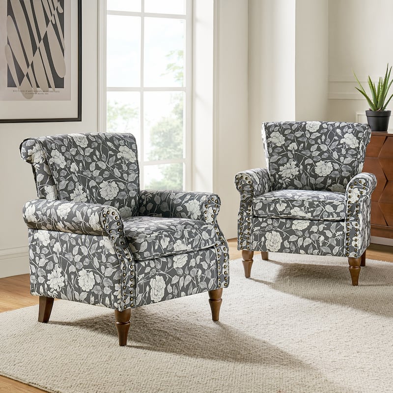 Avelina Upholstered Accent Armchair Floral Pattern with Nailhead Rolled Arms Set of 2 - GARDEN