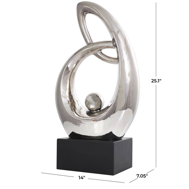 Silver Ceramic Looped Abstract Decorative Sculpture with Black Block Base