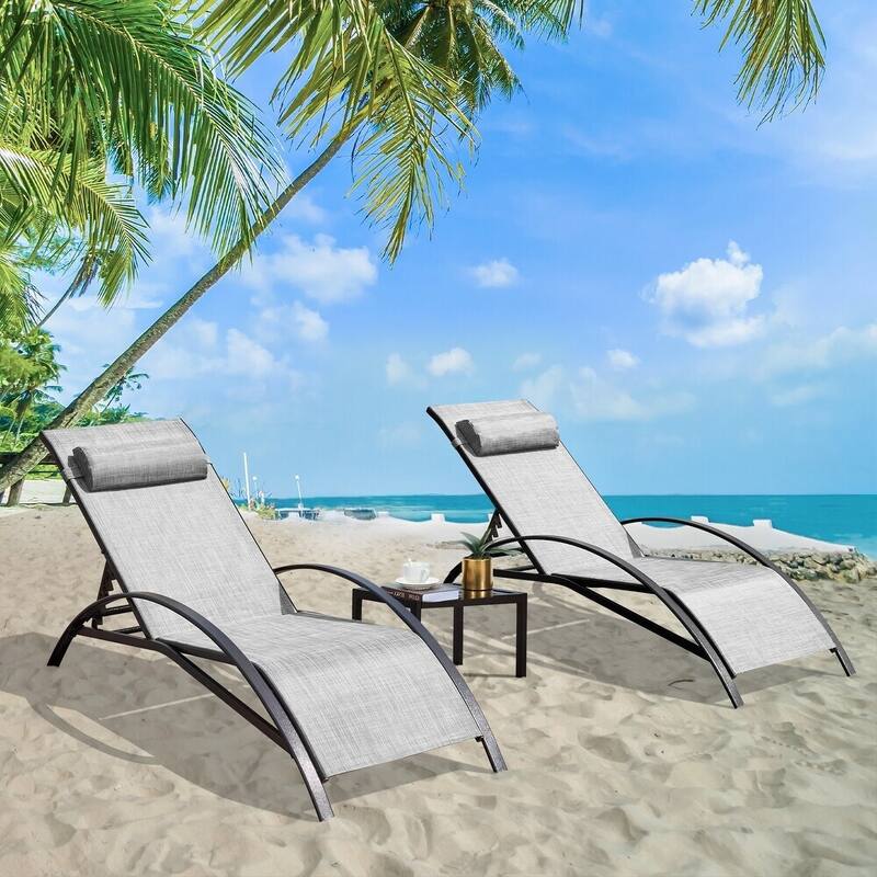 EROMMY 3-Pcs Outdoor Lounge Chair Set with two Adjustable Recline and a Table, Patio Recliner, Grey - 59.8'' *22.8'' - Grey-with a table