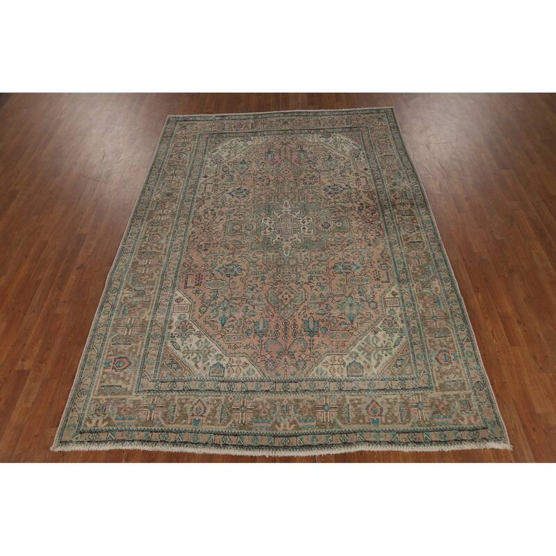 Pink Geometric Tabriz Persian Area Rug Hand-Knotted Wool Carpet - 6'7" x 9'3"