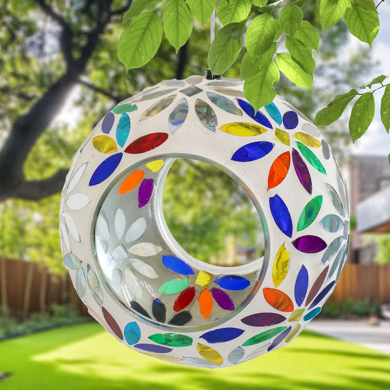 Hanging Bird Feeder Rainbow Daisies Mosaic Fly-Through Design - 6"