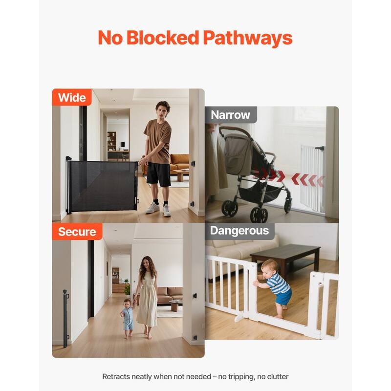 Retractable Baby Gate with Escape-Proof Bottom Hook and Mesh Design for Kids and Pets Safety