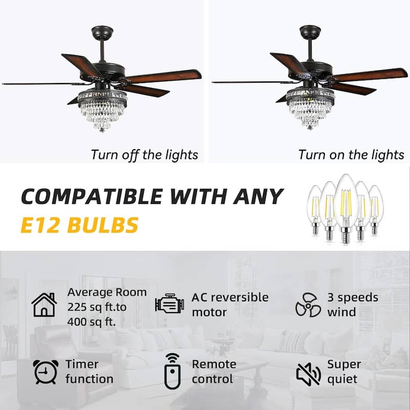 52" or 62" Crystal Ceiling Fan with Lights, Chandelier Ceiling Fans Lights with 6-Speed, APP Control, Dimmable, Timer