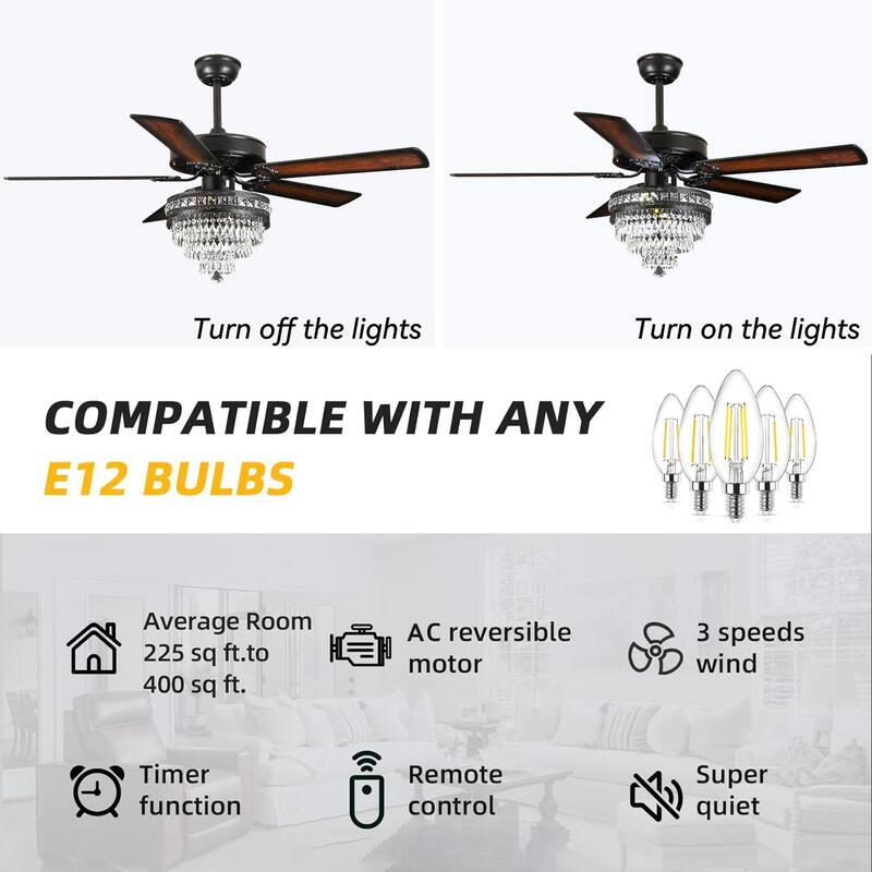 52 Inches Crystal Ceiling Fan Light,Chandelier,APP and Remote Control,5 Dual Side Plywood Blades,Reversible AC Motor - 52 Inches