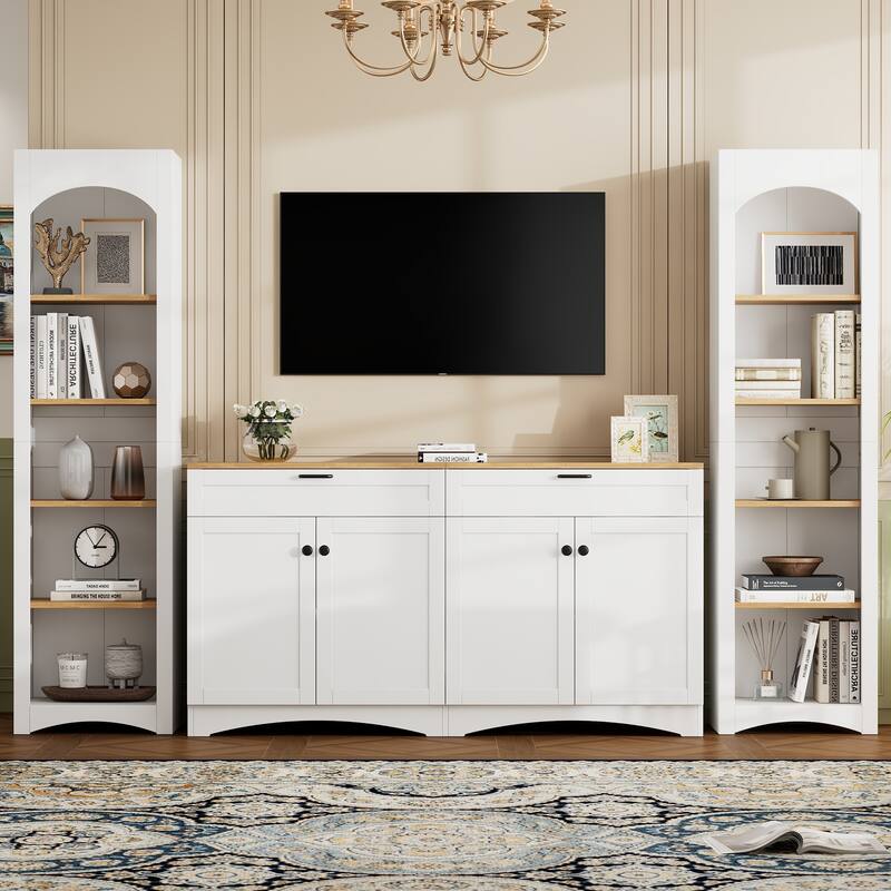 Large TV Stand Display Cabinet Set for TVs Up to 70", Wood Media Console Table Entertainment Center with Cabinet, 2 Drawers