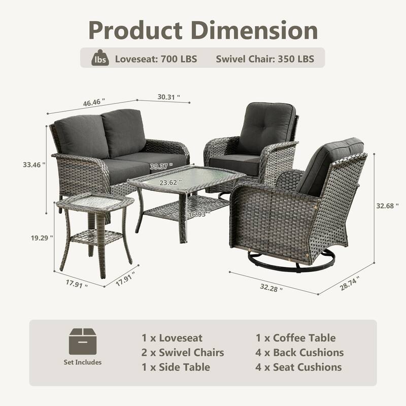 HOOOWOOO 5-piece Rattan Wicker Outdoor Furniture Patio Conversation Set with Swivel Chair