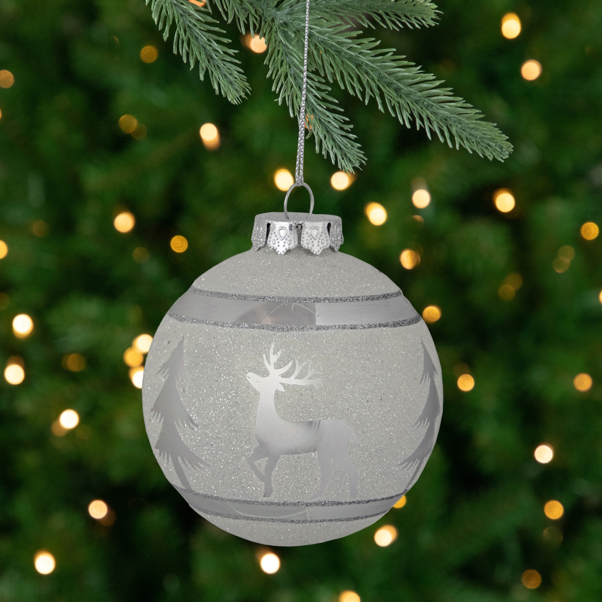 Reindeer and Trees Glass Christmas Ball Ornament - 3.5"