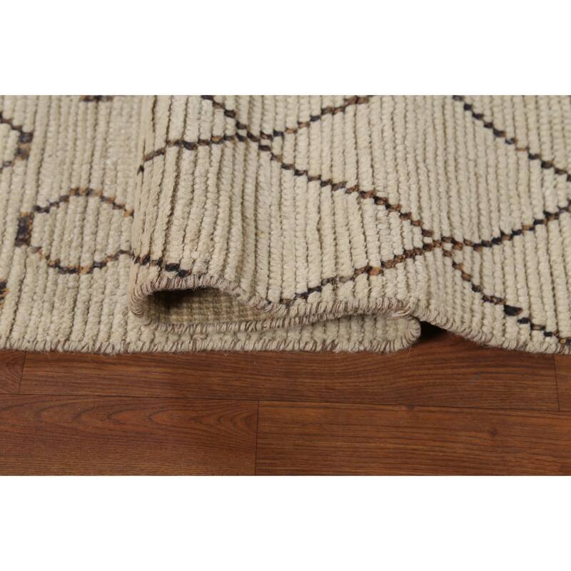 Ivory Trellis Moroccan Rug Hand-Knotted Striped Wool Carpet - 8'1"x 10'4"