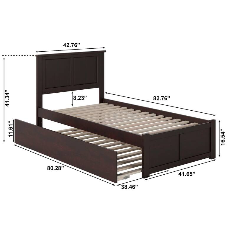 Madison Twin XL Solid Wood Platform Bed with Footboard & Twin XL Trundle in Espresso