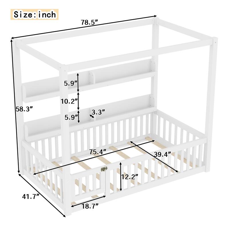 Roomfitters Canopy Floor Bed with Guardrails and Shelves, Solid Wood Montessori Frame