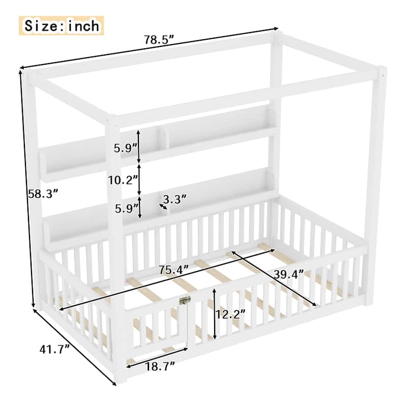 Twin/Full Size Montessori Floor Bed with Canopy and Guardrails, Solid Wood Kids Bed Frame with Shelves, No Box Spring Needed