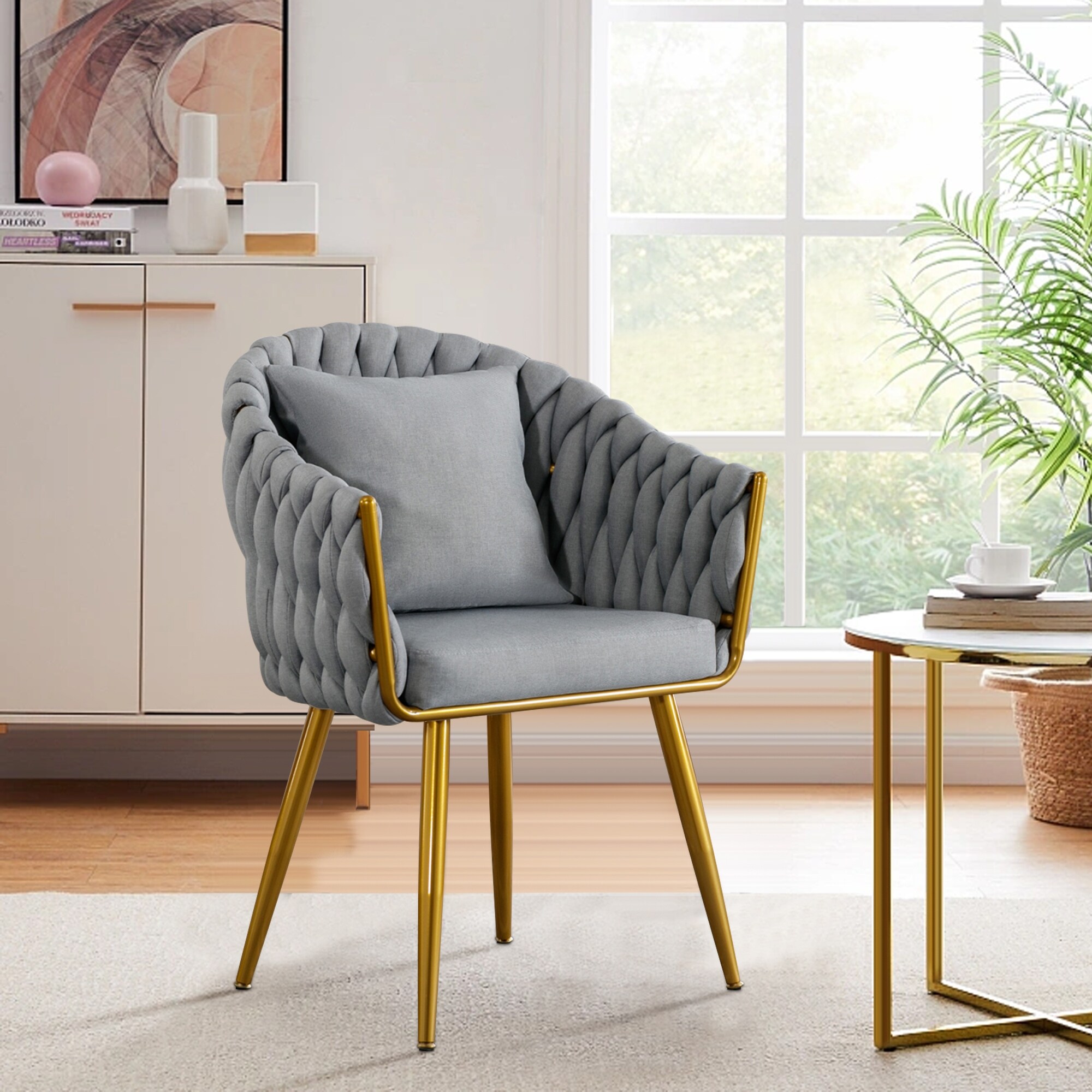 Hand Woven Modern Chair Lounge Chair Dining Chair with Pillow dark gray