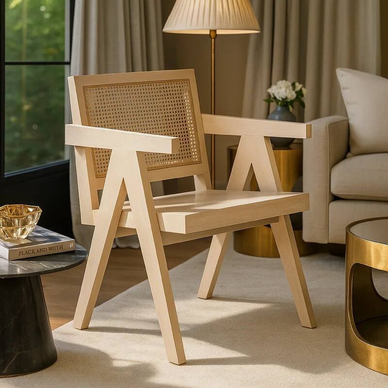 Kato Dining Armchair, Cane Backrest, 24 Inch, Natural Brown Solid Mango Wood