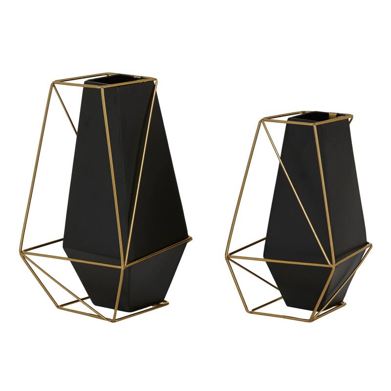 Black Metal Decorative Vase with Gold Wire Accents (Set of 2) - 6 x 6 x 11