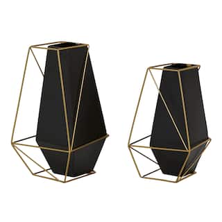 Black Metal Decorative Vase with Gold Wire Accents (Set of 2) - 6 x 6 x 11