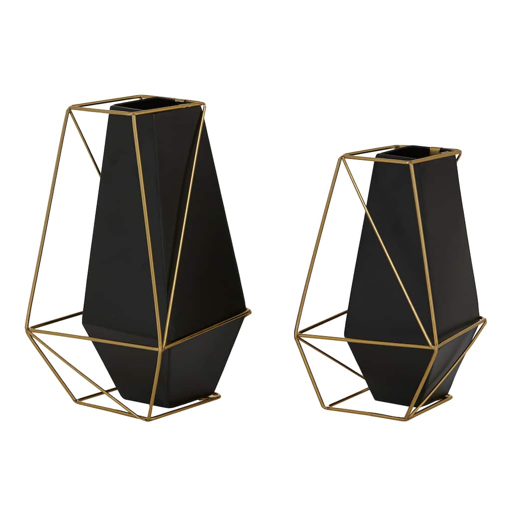 Black Metal Decorative Vase with Gold Wire Accents (Set of 2) - 6 x 6 x 11