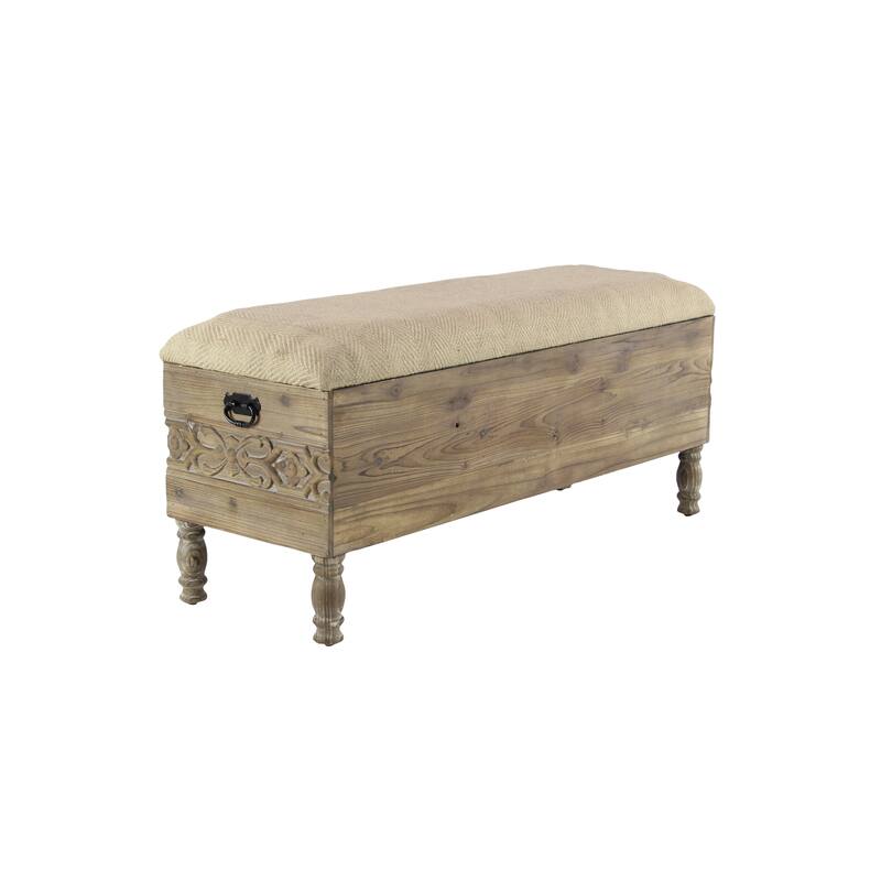 Wood Floral Intricately Carved Storage Bench with Cream Burlap Top - Brown - Roche River Decor - 16"W x 47"L x 20"H
