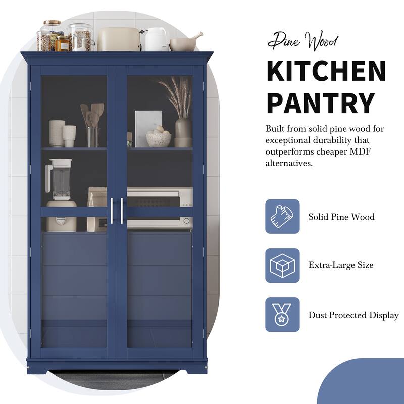 75" Height Freestanding Kitchen Storage Cabinet with Glass Doors and 4 Drawers - Blue