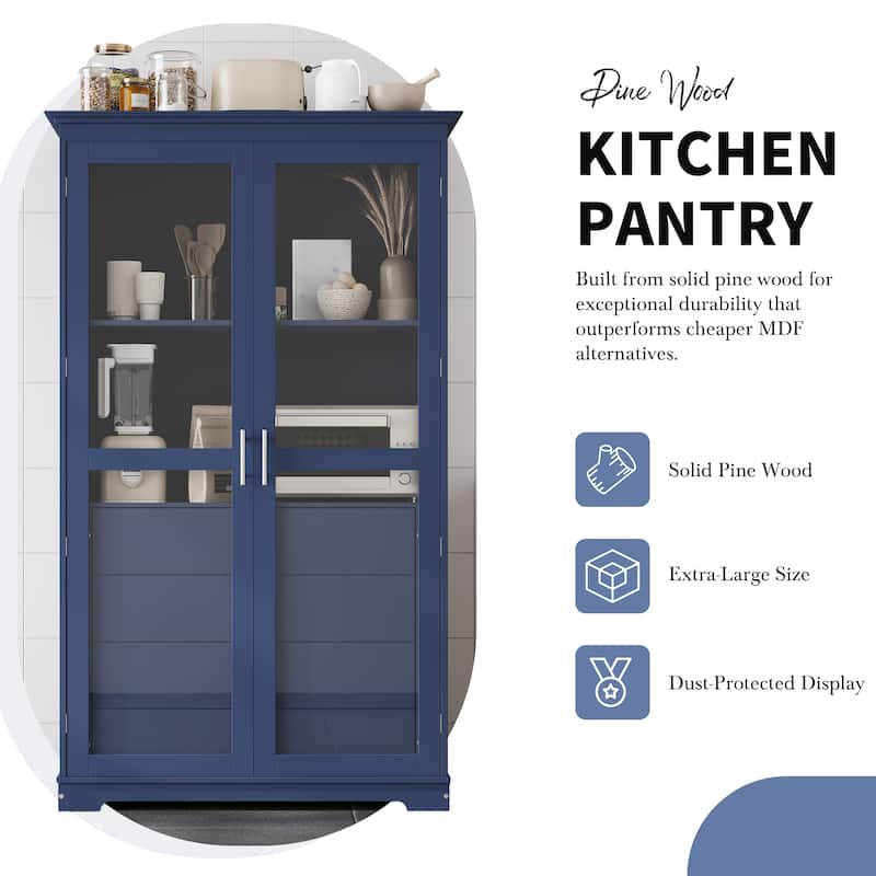 Pantry Cabinet with Glass Door, 2 Shelves & 4 Built-in Drawers, Kitchen Pantry Storage Cabinet, Freestanding Kitchen Cupboard