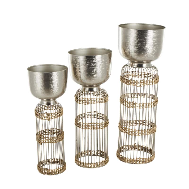 Metal Textured Dome Indoor Planter with Woven Seagrass or Rattan and Cage Rod Base - Set of 3 Gold or Silver - Roche River Decor