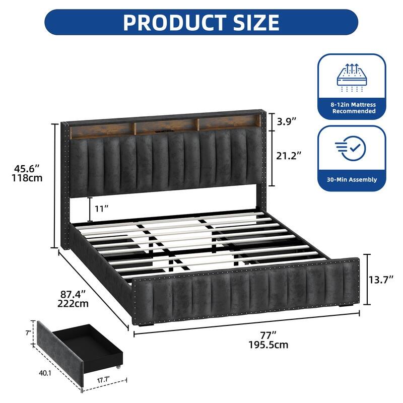 Moasis Full/Queen/King Velvet Upholstered Platform Bed Bedframe with Charging Station and 4 Storage Drawers - King - Grey