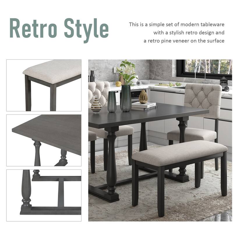 Gray Retro 6-Piece Wooden Dining Table Set with Rectangular Table & 4 Chairs