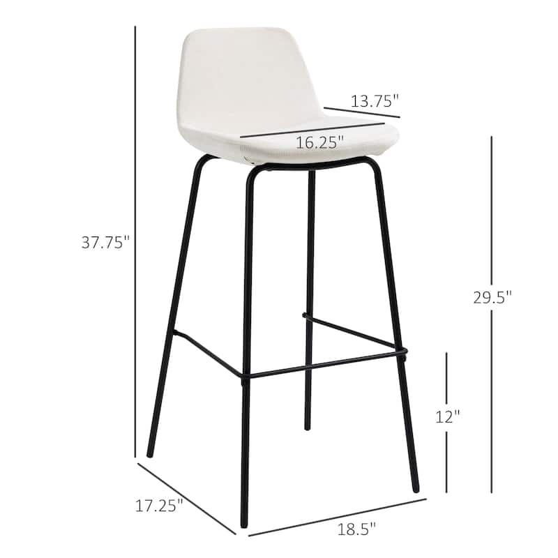 HOMCOM 29.5" Seat Height Bar Stools Set of 2, Upholstered Bar Chairs, Armless Barstools with Back, Steel Legs