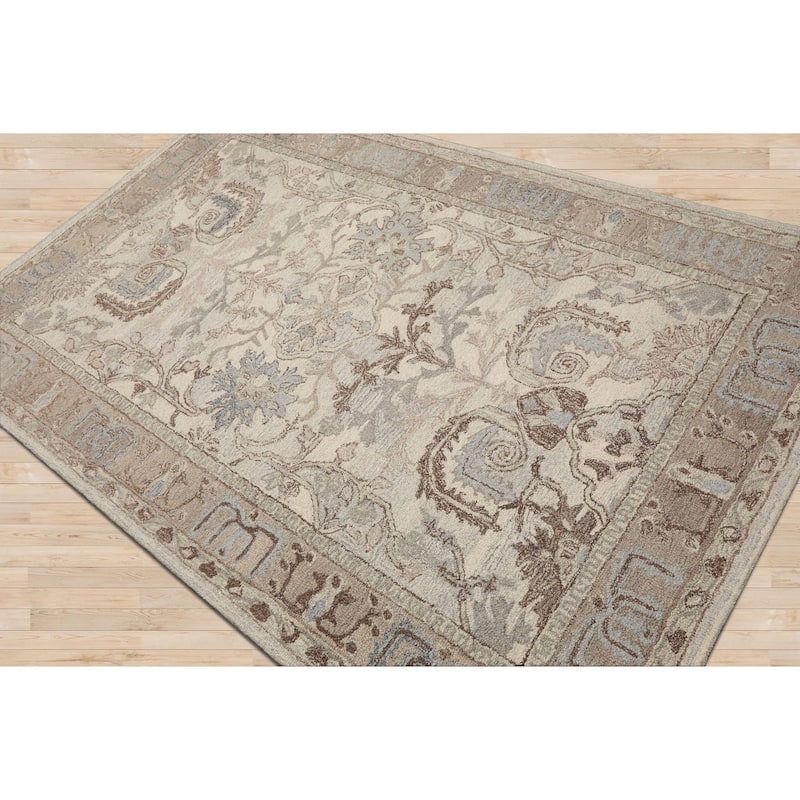 5'x8' Beige Hand-Hooked Transitional Area Rug Arts & Crafts Wool Design