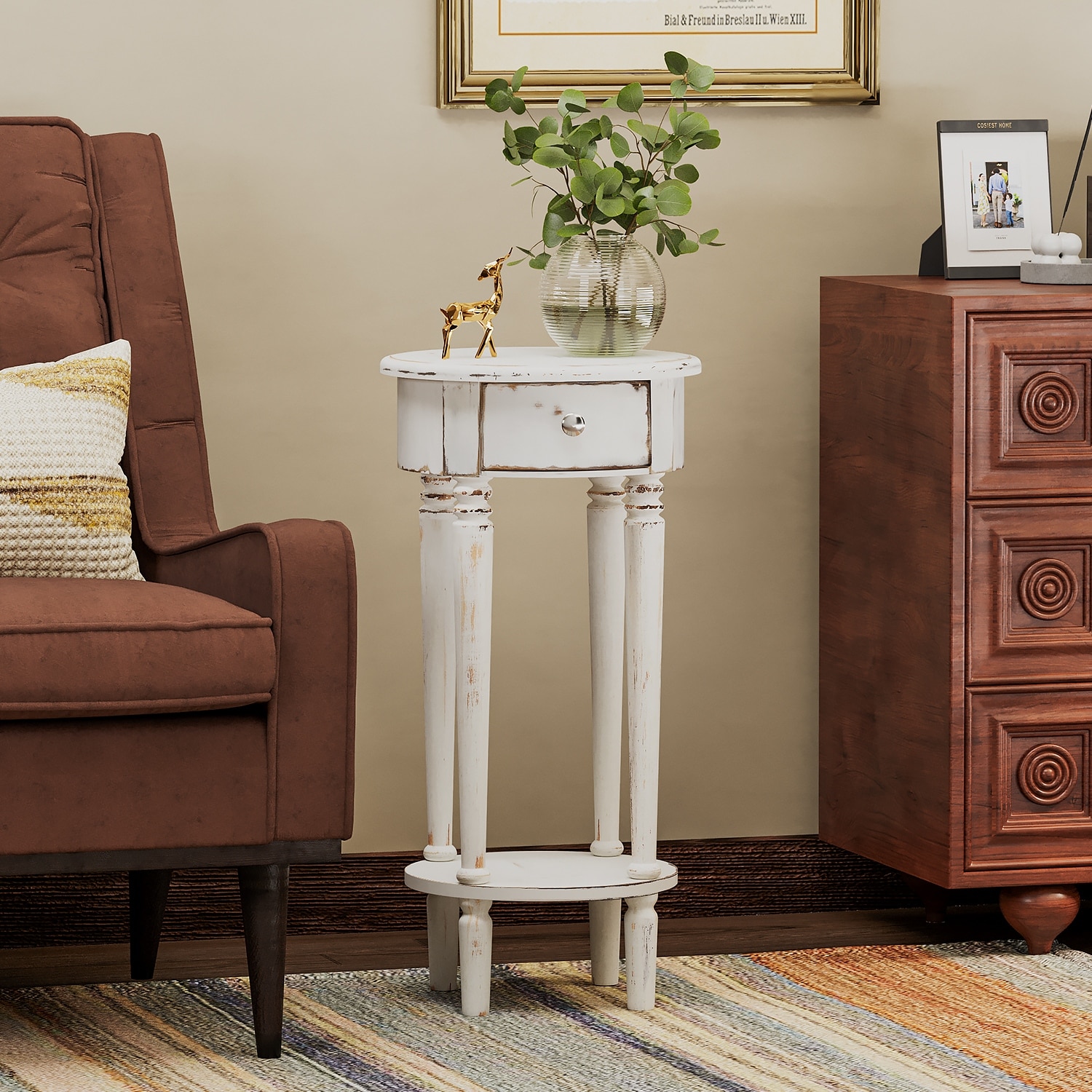 COSIEST White Distressed Round Tall Telephone Stand Table