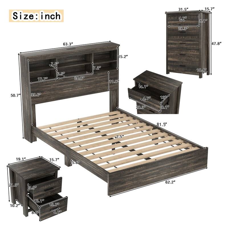 Queen Size Low-Profile Platform Bed with 2 Nightstand and 1 Dresser