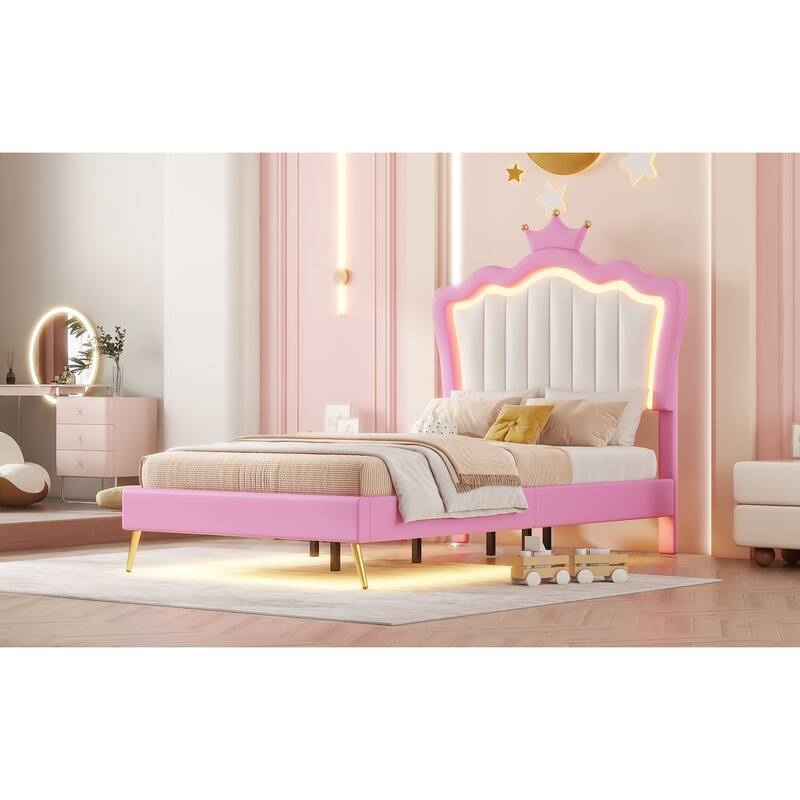 Twin Size Upholstered Princess Bed with Crown Headboard and LED Lights, Pink and White