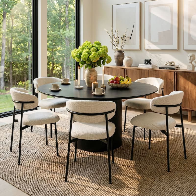 Modern Upholstered Dining Chairs with Curved Open Back and Black Metal Legs (Set of 6) - Santi-Beige