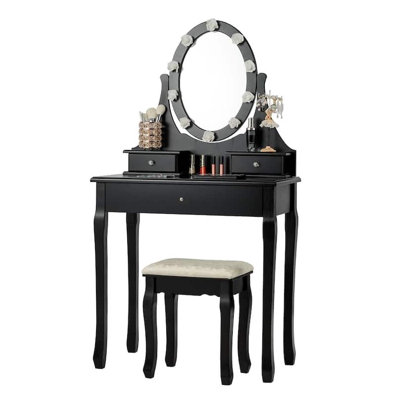 3 Drawers Lighted Mirror Vanity Dressing Table Stool Set - 30" x 16" x 55" (L x W x H)